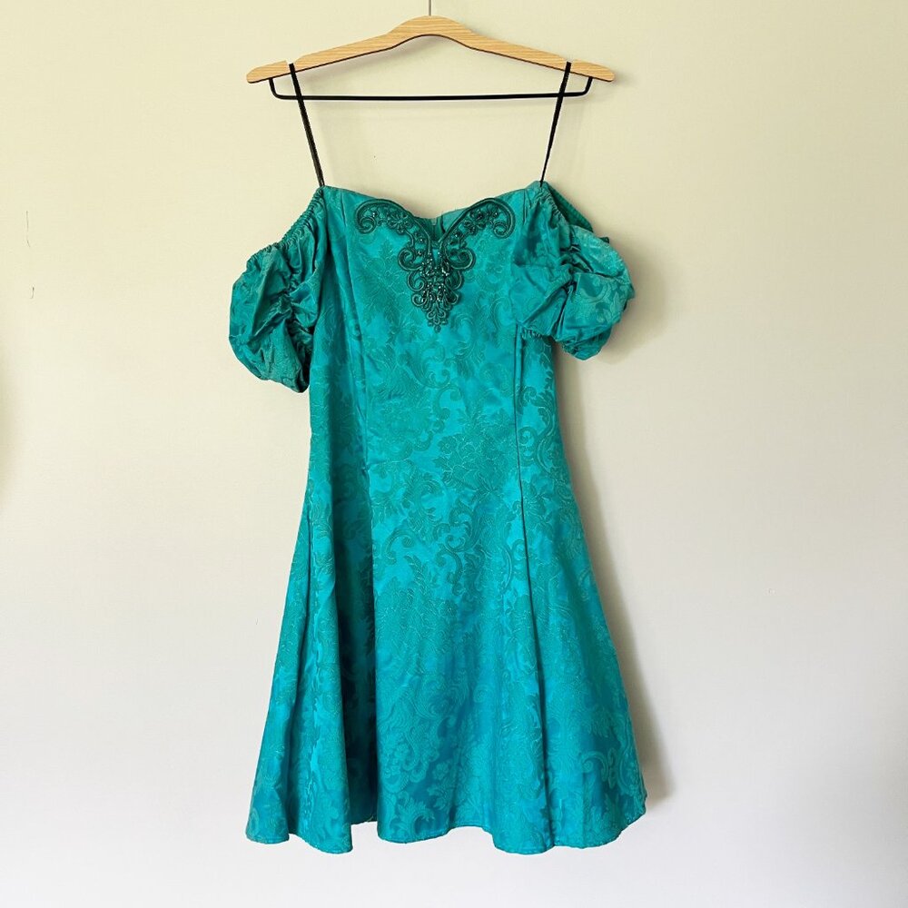 VTG Jessica McClintock Gunne Sax Dress Size 11/12 Teal Jacquard Embroidered